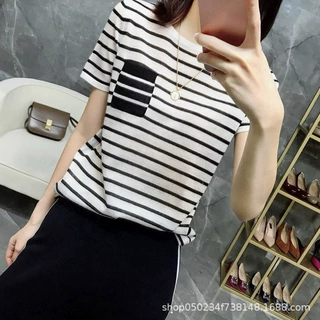 冰丝短袖t恤2022夏新款简约时尚百搭宽松显瘦条纹贴袋针织上衣女