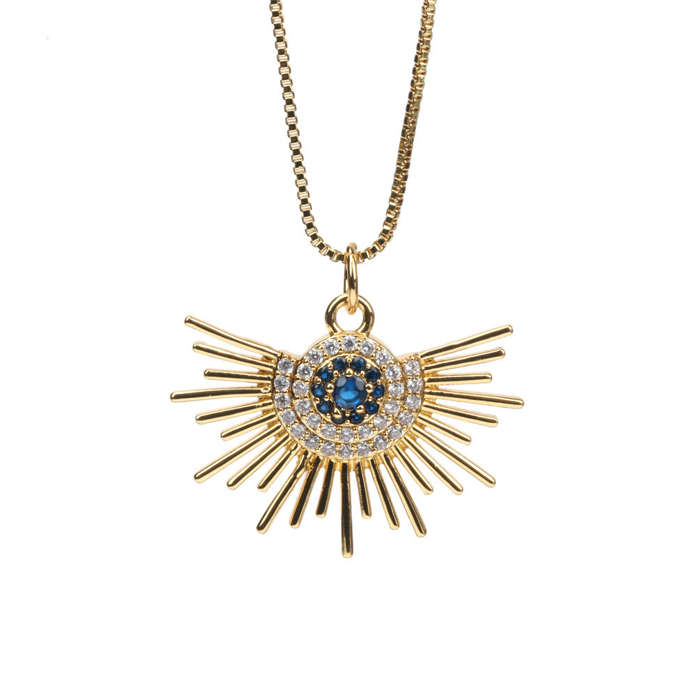 new fan-shaped devilu0027s eye diamond blue eye copper gold-plated box necklace