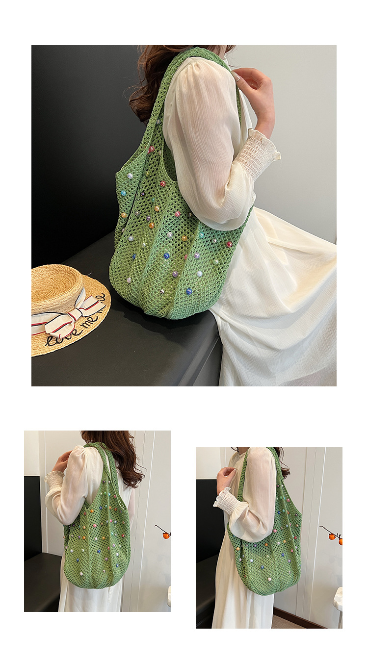 Women's Large Fabric Solid Color Vintage Style Beach Pearls Hollow Open Shoulder Bag display picture 11