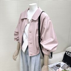 超きれいなピンクのジャケットの皮のコートの女性2025年の春の新型のゆったりした短い上着の小さい子ins