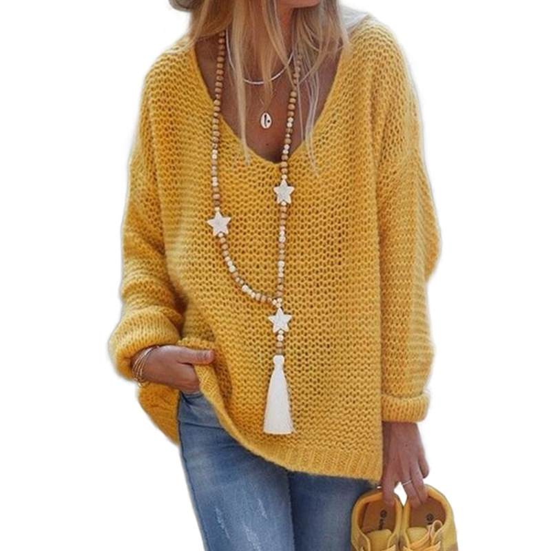 Damen-Strickpullover, V-Ausschnitt, langärmelig, Strickoberteil, Pullover_voghion.com