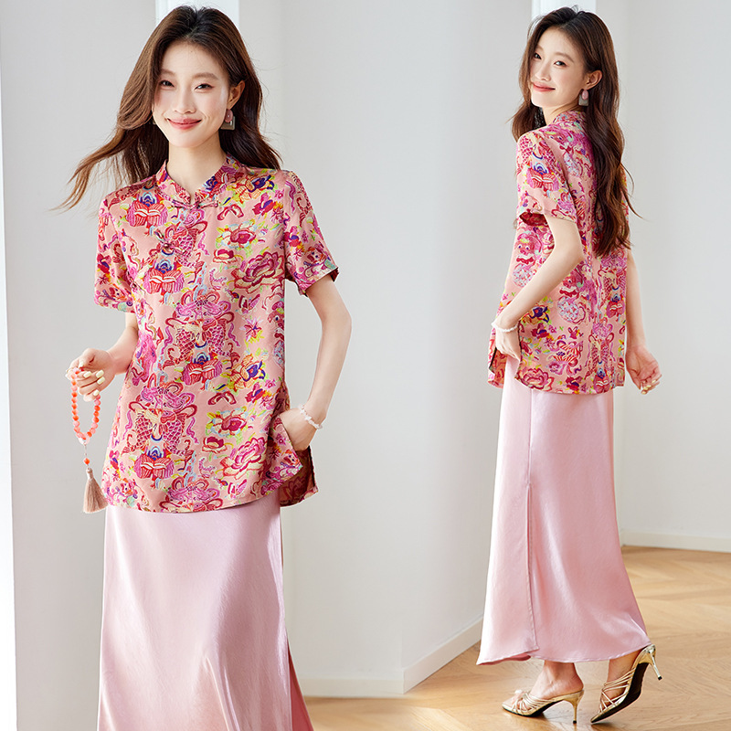 Rayon Xiangyunsha Exquisite Digital Printed Short-Sleeved Shirt Nanyou 2025 Summer New Chinese Style National Style Factory Wholesale