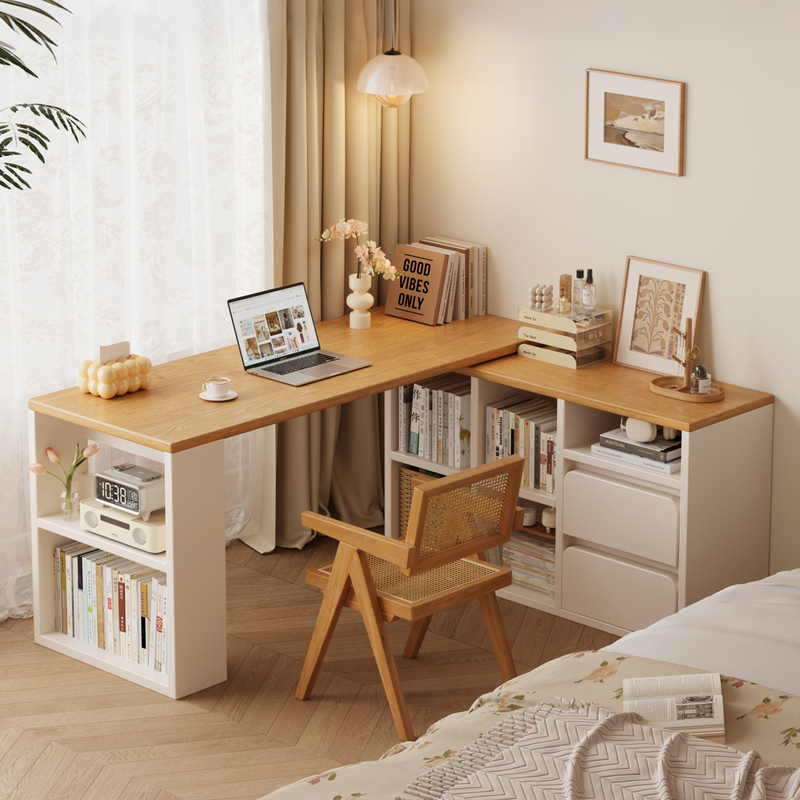 Solid wood corner desk for home use, study writing desk with bookshelf, integrated table, bedroom dressing table, L-shaped computer desk by the bed