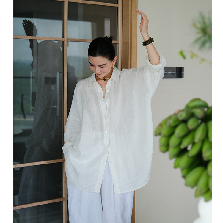 White 21-Count Hemp Long Drape Casual Artistic Loose Oversized Shirt Jacket Thin Sun-Protective Shirt to Cover the Belly White 21-Count Hemp Long Drape Casual Artistic Loose Oversized Shirt Jacket Thin Sun-Protective Shirt to Cover the Belly