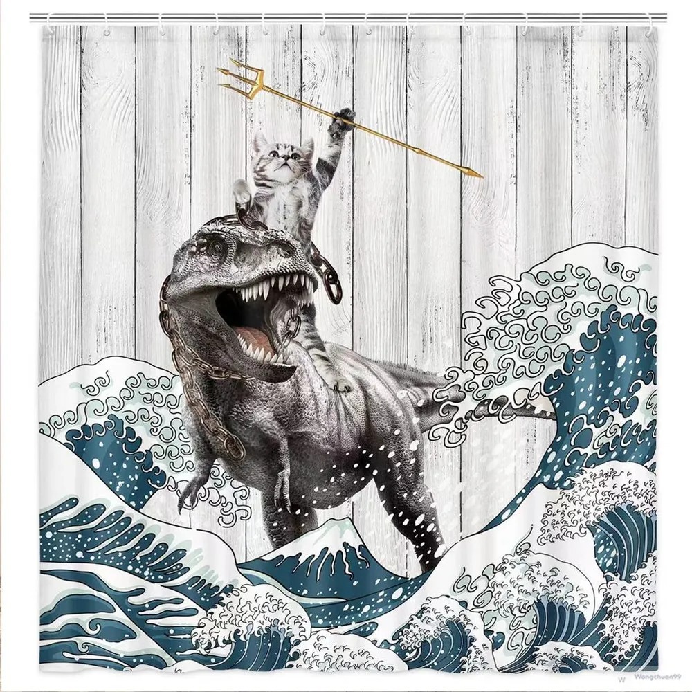 Divertida cortina de baño valiente gato sostiene tridente flecha montar tiburones en las olas ballenas gatos cortina de baño conjunto baño