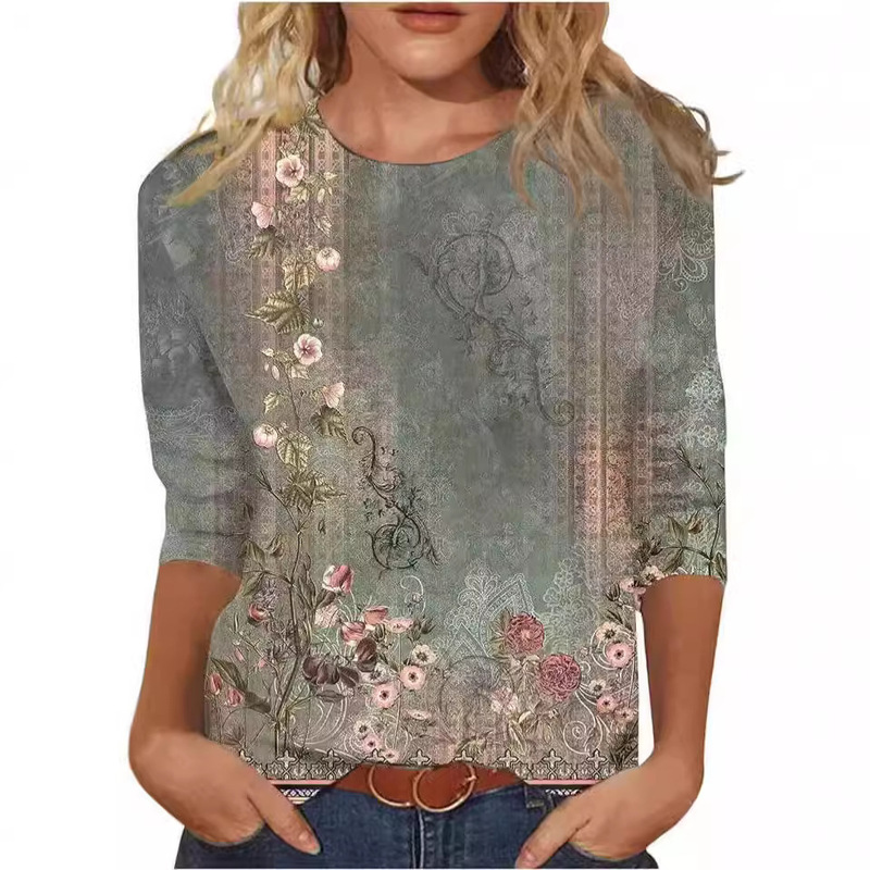 Cross-border Amazon Women's Top Seven-sleeve Summer Ethnic Floral Slim-fit Top Round Neck Slim-fit Printed T-shirt