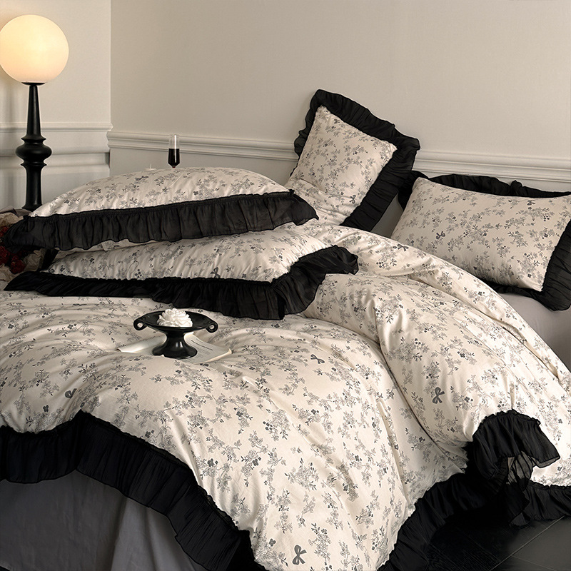 Juego de cama de algodón con flores estilo vintage boho francés_voghion.com