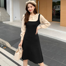 春秋新款甜美风宽松显瘦拼接假两件灯笼袖荷叶领针织连衣裙女