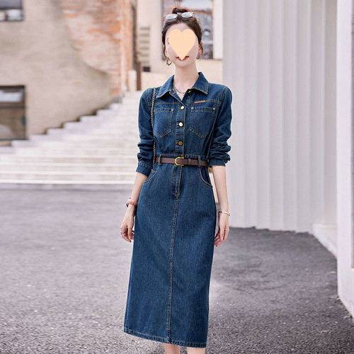 High-quality autumn denim skirt, fashionable new women's outfit, long-sleeved dress, elegant and slimming.