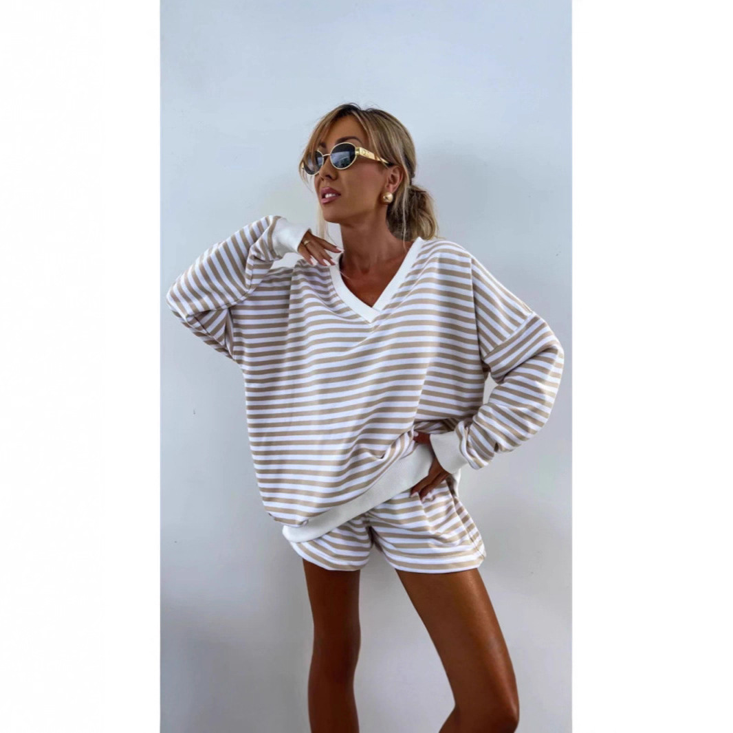 Summer New Women's Casual Striped Long Sleeve V-Neck Loose Top Sports Shorts 2-Piece Set For Women_ecoleips.com