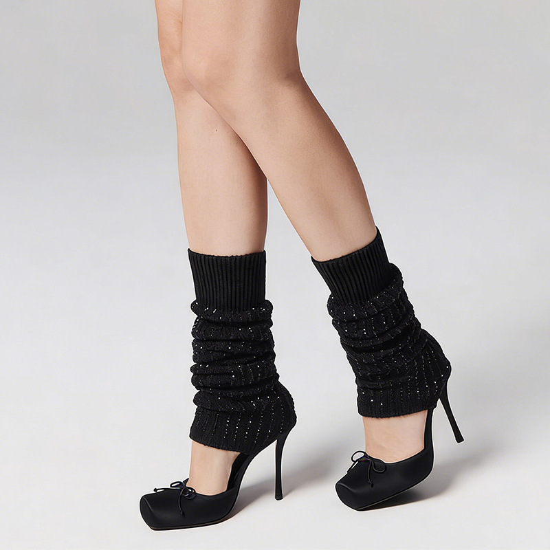 Fashion 2025 Autumn and Winter Hot-Selling European Style Square-Toe Ballet Long Socks with Rhinestones High Heels for Women New Model with Bow