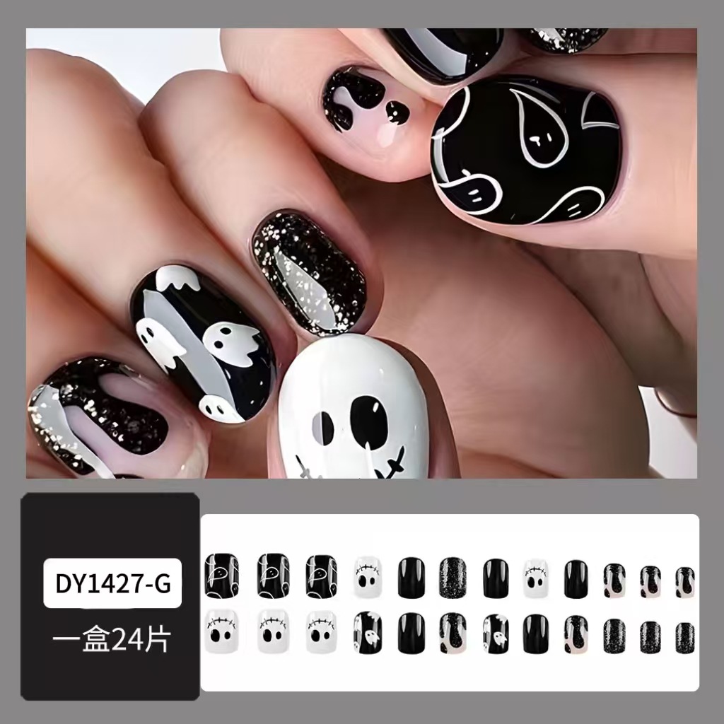 Ventas transfronterizas en blanco y negro fantasmas de manicure cuadrado europeo chicas calientes parches de uñas en polvo brillante cara cara Halloween usar uñas