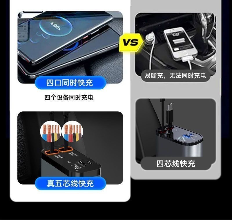 Digital Display Car Charger Retractable Cable PD Fast Charging