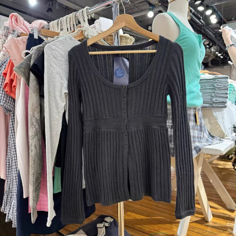 BM style, new autumn collection, U-neck, ribbed knit cardigan for women, BM pure and alluring, waist-cinching, slim-fit, long-sleeved base layer top/outerwear BM style, new autumn collection, U-neck, ribbed knit cardigan for women, BM pure and alluring, waist-cinching, slim-fit, long-sleeved base layer top/outerwear