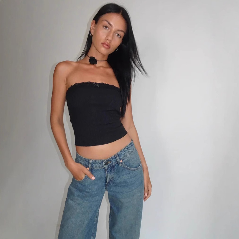 2025 Summer New European and American Style Spice Girl Solid Color Lace Slim Fit Strapless Top for Women