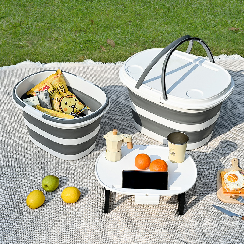 Outdoor Camping Picnic Storage Box with Lid, Portable Folding Bucket, Car-Mounted Plastic Bucket, Shrinkable Outdoor Fishing Bucket