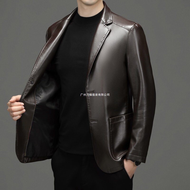 Genuine Leather Suit Men's New Haining Leather Jacket Middle-Aged Slim Thin Suit Sheepskin Fleece-Lined Slim Jacket