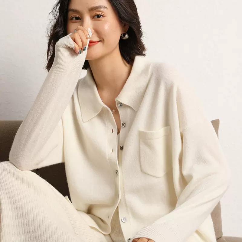 Polo领羊绒衫女24秋冬新款衬衣式针织衫气质内搭上衣羊毛打底毛衣
