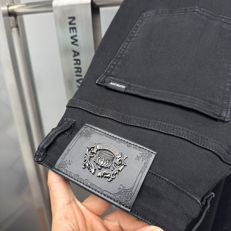 Men's Spring and Autumn European Jeans Leather Label Black Jeans Slim-fit Denim Men's Trendy B1HAF1186 Pants