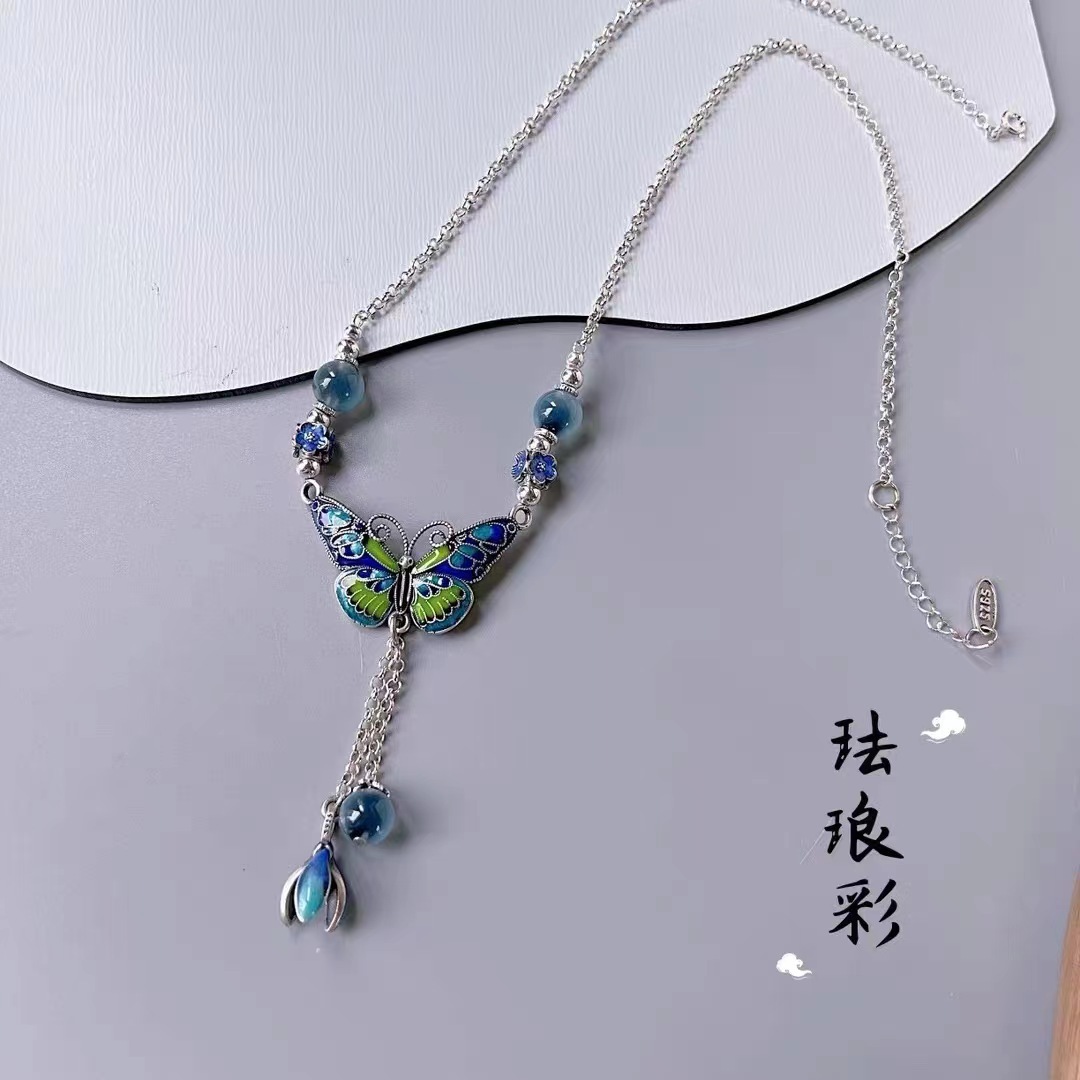 景泰藍琺瑯彩蝴蝶戀花糖心復古中國風項鍊ins小眾設計