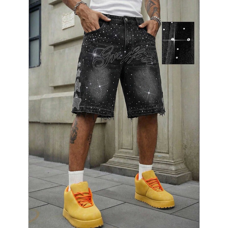 Cross-Border European Size Men's Denim Shorts Black Rhinestone Star-Studded Amazon Hip-Hop Street Style Loose Fit Five-Point Pants Cross-Border European Size Men's Denim Shorts Black Rhinestone Star-Studded Amazon Hip-Hop Street Style Loose Fit Five-Point Pants