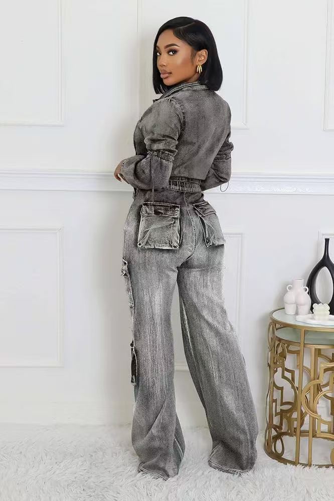 Dam denim set med stretch och högmidjade utility-byxor_voghion.com