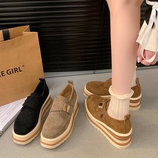 2025 Spring New Wedge Shoes Women's Suede Platform Lace-up Vintage Loafers Thick Sole British Style Low-top Shoes