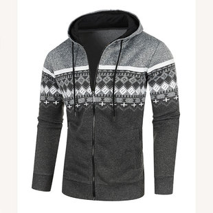 Men's New Cardigan Hooded Jacket Casual Loose Thin Velvet Sweater Ethnic Style Printed Slim-fit Jacket Knitted Open