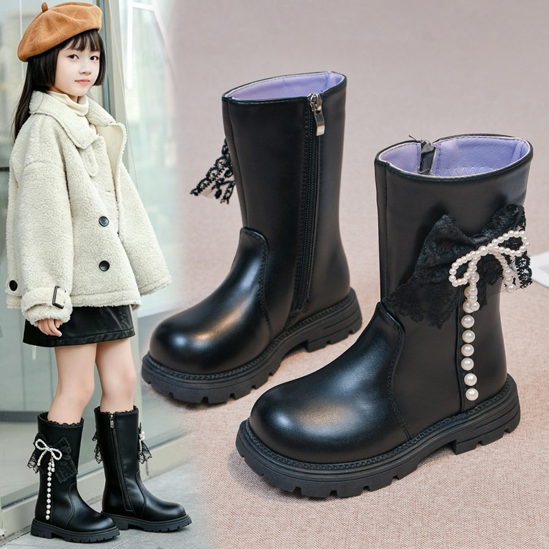 Girls' Boots Autumn/Winter 2026 New Fashion Bowknot Children's High Boots Girls' Single Boots with Fleece Princess Long Boots