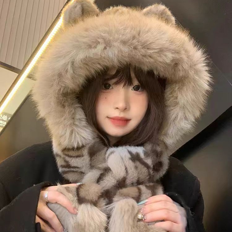 Invierno nuevo oso orejas gorra de peluche leopardo gorra bufandas sombrero de mujer en un espesor de protección de orejas caliente gorra Thunderfeng