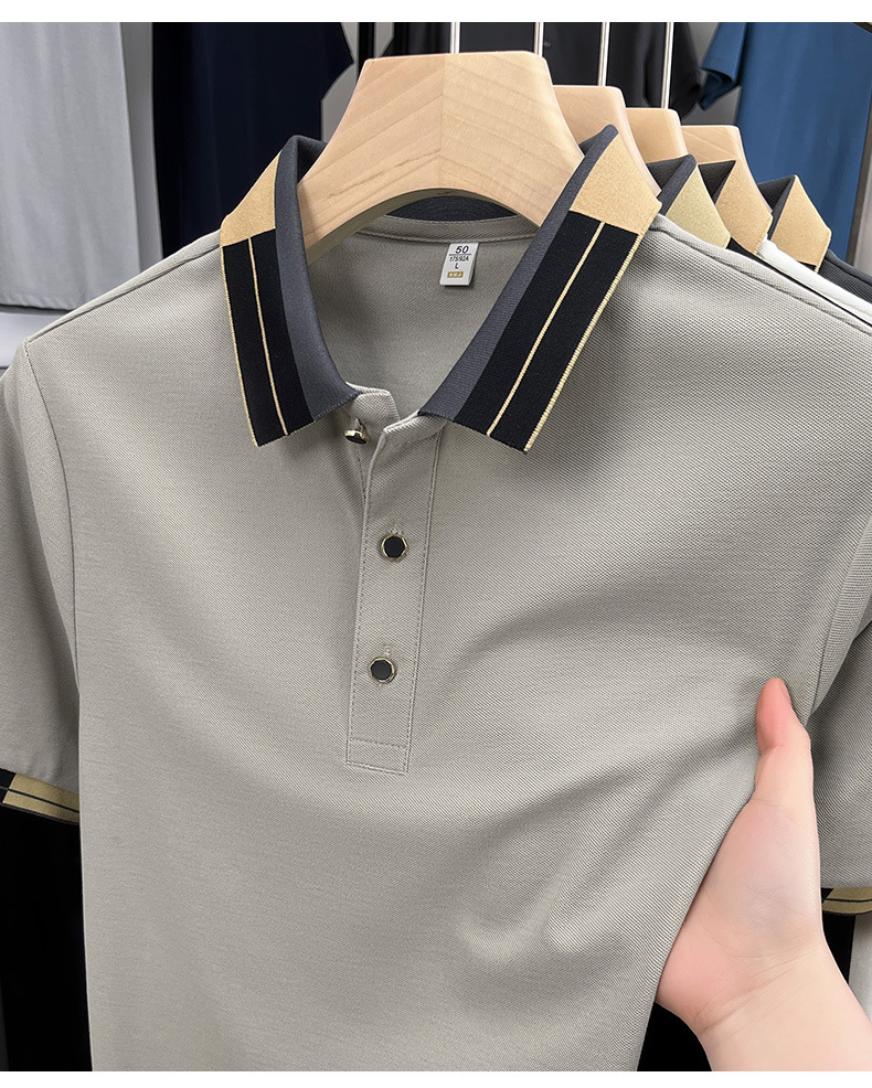 Men's Summer New Short-Sleeve Turn-Down Collar Youth Ice Silk High-End Fashionable Versatile T-Shirt_viptrois.com