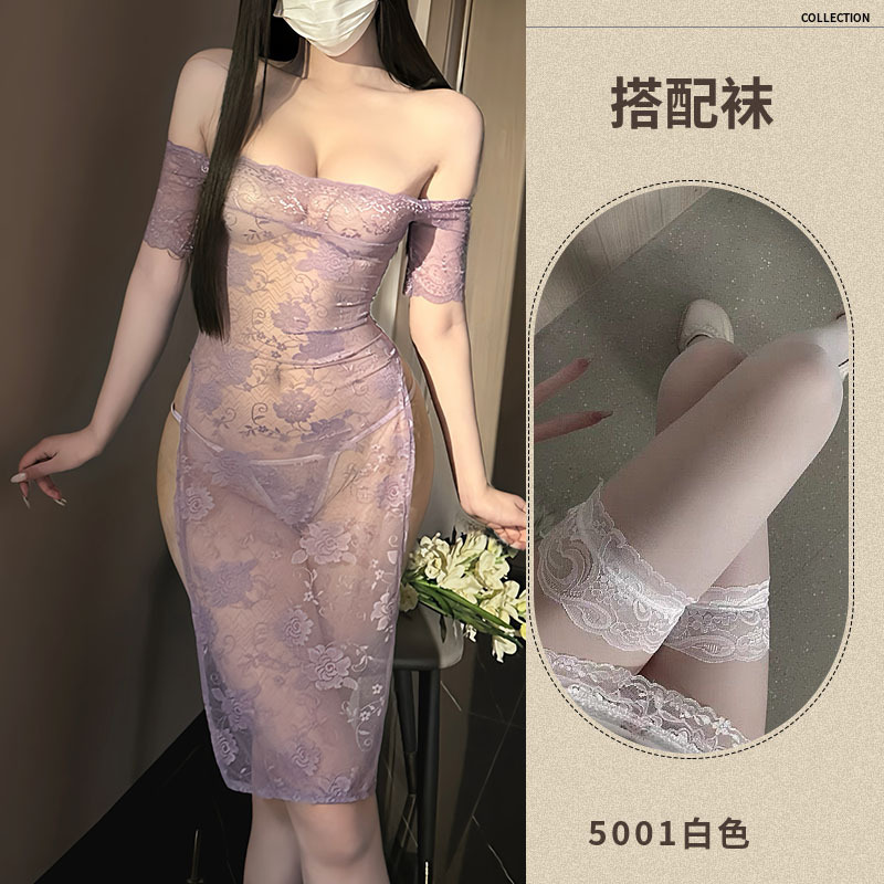 보라색 레이스 스커트 + 끈 팬티 + 흰색 레이스 스타킹