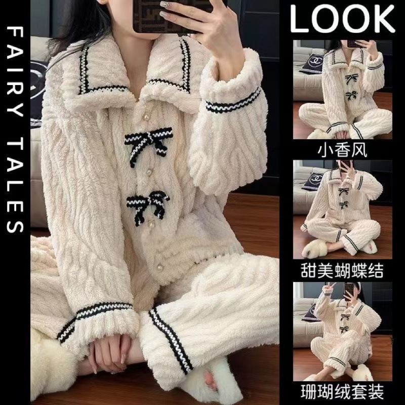 秋冬公主风蝴蝶结甜美珊瑚绒睡衣长袖长裤法兰绒小香风保暖套装