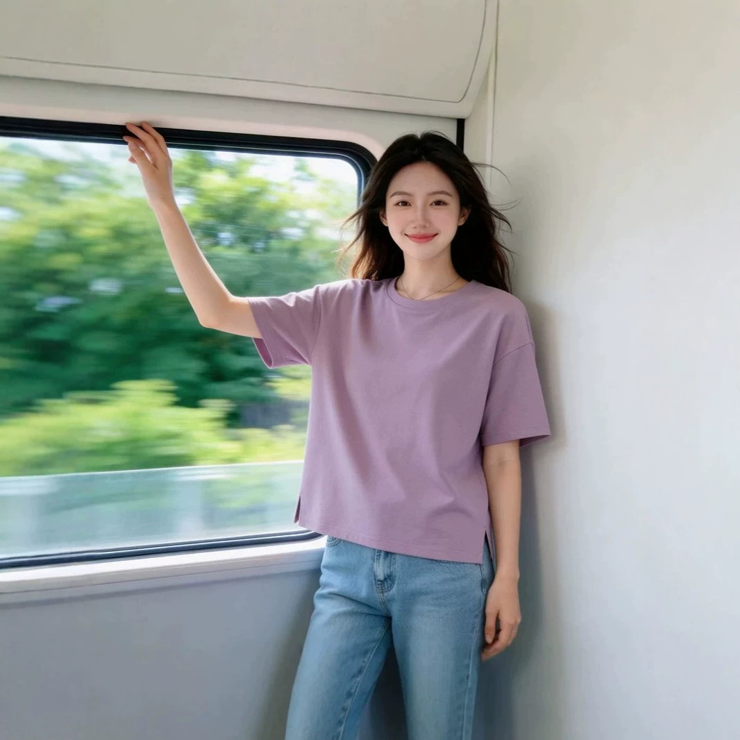 High-End Slit Design Solid Color Regular Shoulder Short-Sleeve T-Shirt for Women, 2026 Summer New Style, Stylish and Slimming Top for Petite Figures, Ins Style