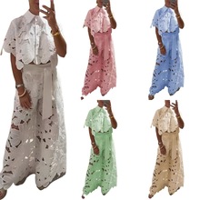 2025夏季新款跨境欧美女装纯色休闲镂空开衫上衣阔腿裤两件套