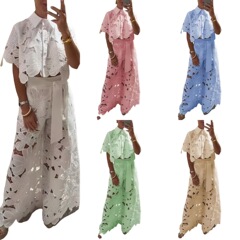 2025夏の新型越境欧米の婦人服の純色のカジュアルな透かし彫りのカーディガンの上着のワイドレギンスのズボンの2つのセット