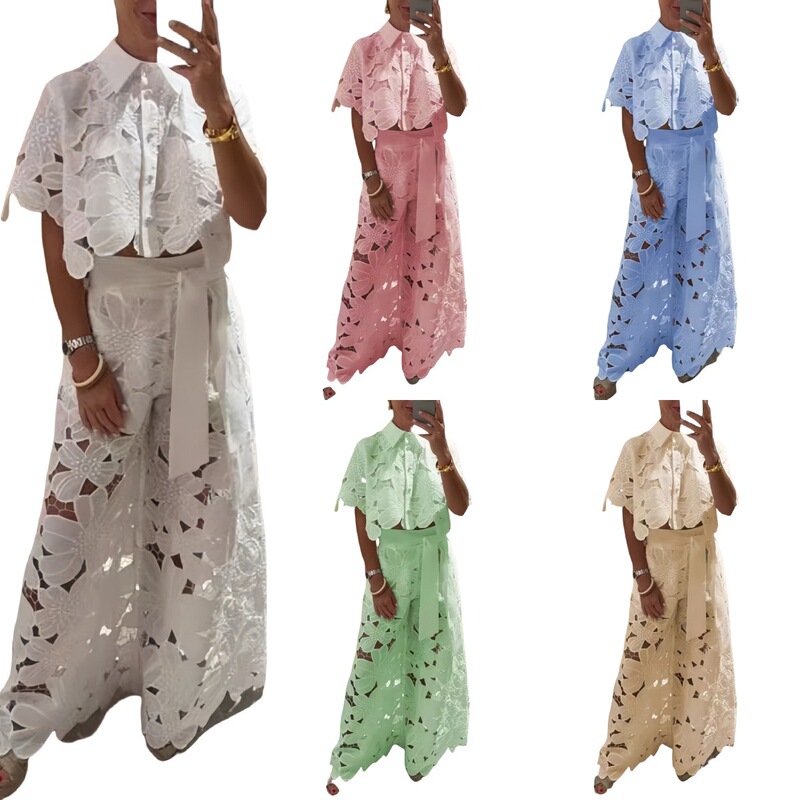 2025 Summer New Cross-border European and American Women's Solid Color Casual Hollow Cardigan Top Wide Leg Pants Two-piece Set