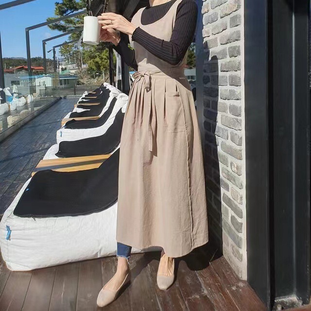 South Korea main Net red cotton linen dress round neck front and rear two pieces left and right slit strap plus size plus size apron