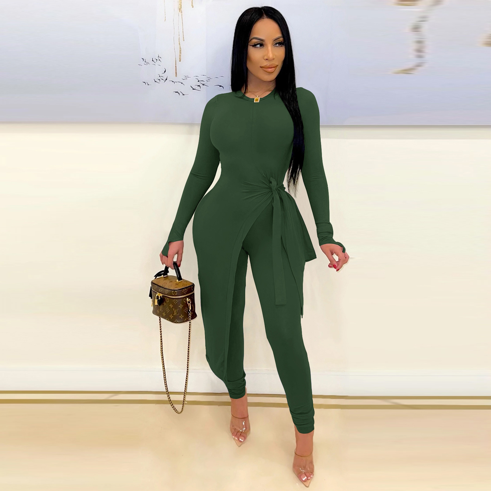 Solid Color Long-Sleeved Irregular Top Trousers Top NSSZC111539