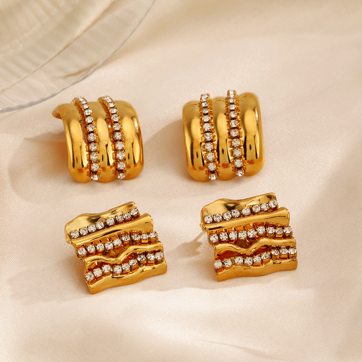 Fashionable geometric square stone inlay stainless steel with zircon