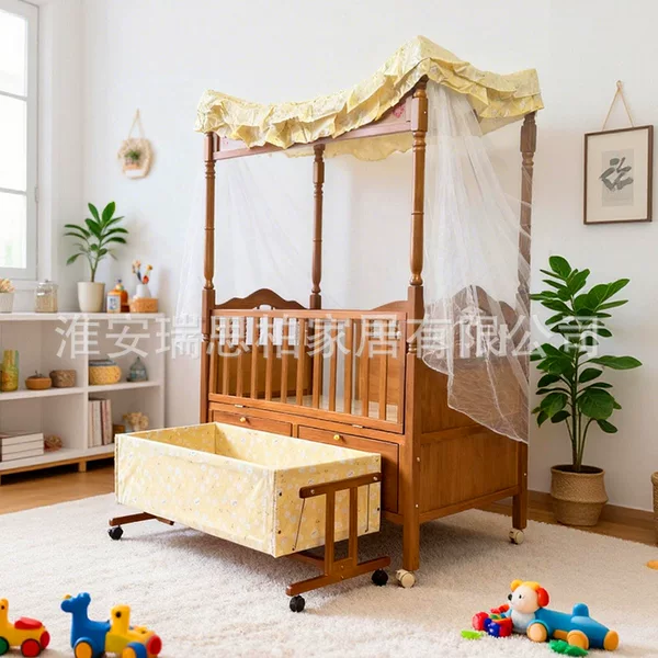 Baby Sleep-Inducing Cradle Bed, Multi-Functional Solid Wood Crib with Mosquito Net, Movable Storage, Splicing Large Bed, Children's Bed