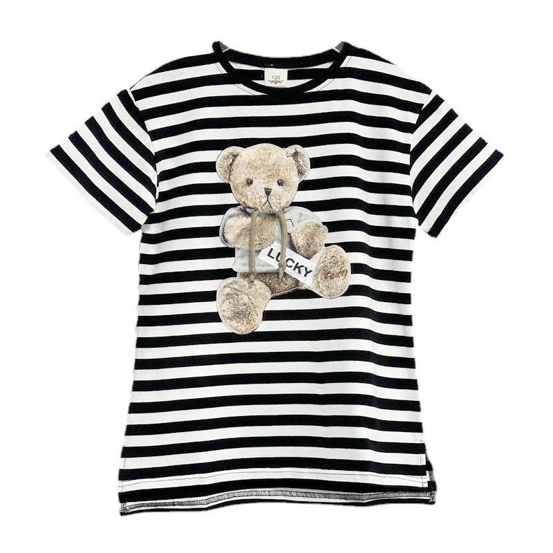 Camiseta de dibujos animados de longitud media para niñas 2023 Ropa de verano Camisa de manga corta a rayas para niños medianos y grandes para niños ropa de verano Camiseta moda