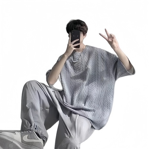 Heavyweight American-style men's T-shirt summer 5/8 sleeve simple niche upper clothing loose casual short-sleeve men's T-shirt trendy brand