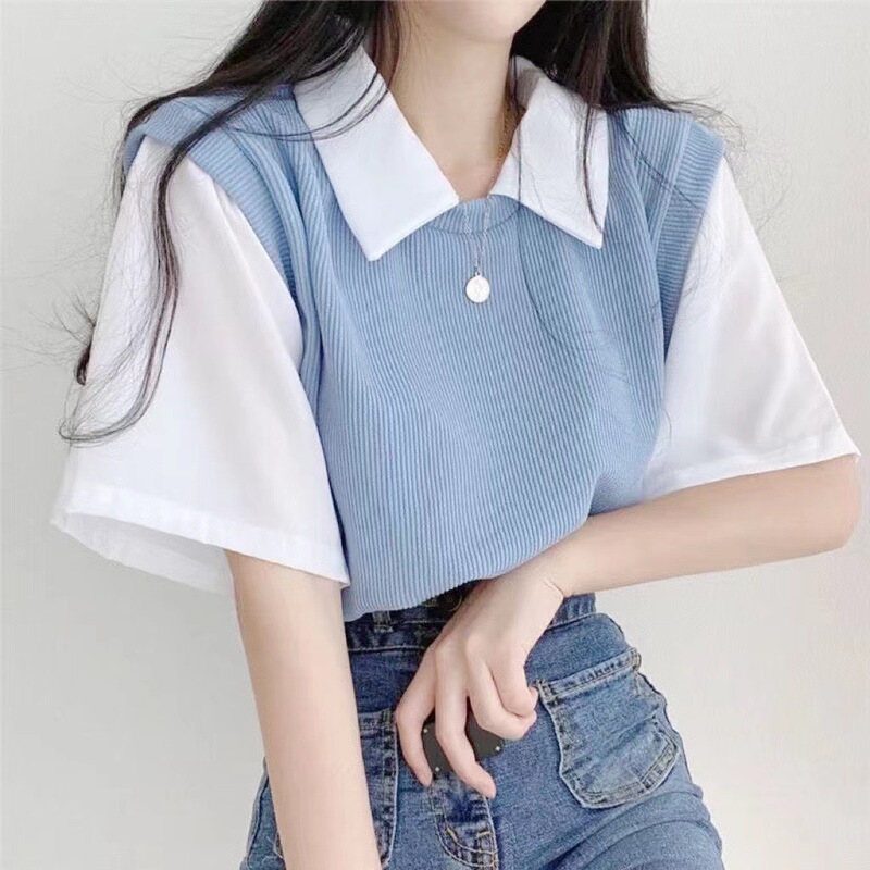 College Style 2025 Summer Contrast Color Polo Collar Fake Two-Piece Short-Sleeved T-Shirt for Women, Lazy, Loose, Casual and Versatile Top