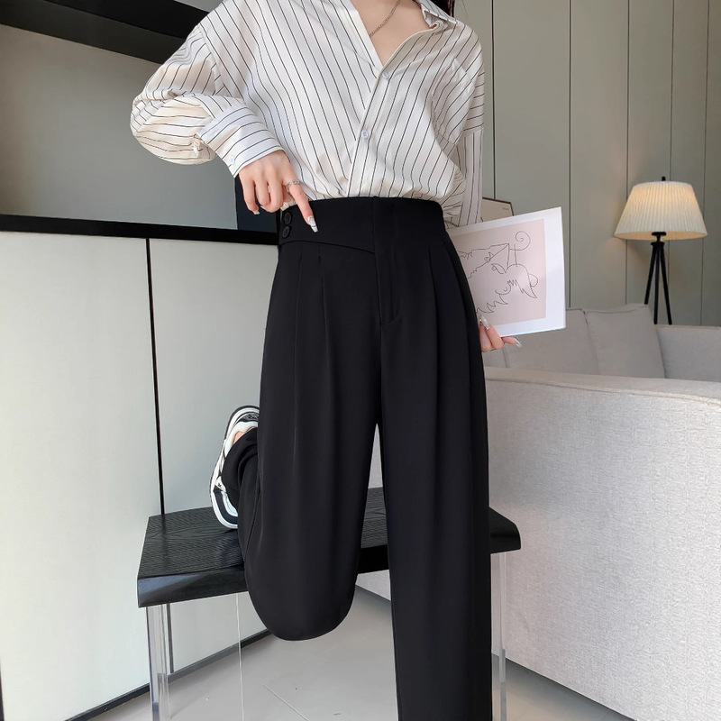 Black Women's Suit Pants, Spring and Summer Straight-Leg Casual Slimming Versatile Autumn and Winter Drapey Trousers, Loose Narrow Wide-Leg Pants Black Women's Suit Pants, Spring and Summer Straight-Leg Casual Slimming Versatile Autumn and Winter Drapey Trousers, Loose Narrow Wide-Leg Pants