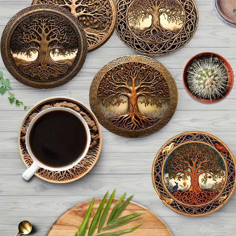 8 piezas de almohadilla de aislamiento térmico almohadilla de tazas de mesa a prueba de quemaduras almohadilla de tazas de madera de la vida almohadilla de bebidas almohadilla de comedor antideslizante