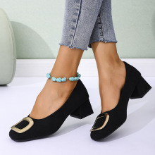 法式浅口粗跟高跟鞋2025年新款方头水钻女鞋一脚蹬单鞋