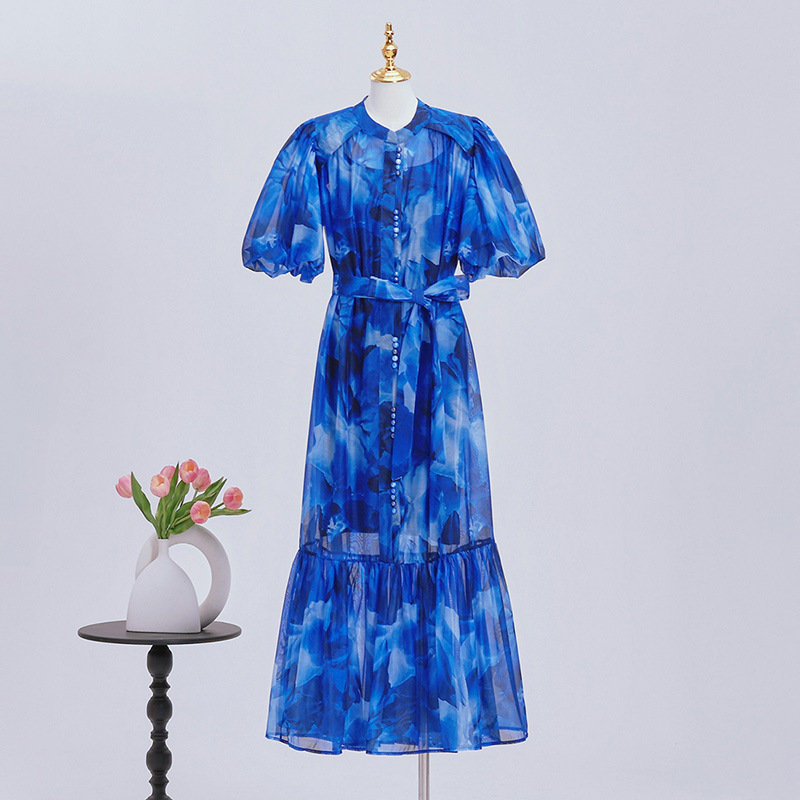 Extended Age-Reducing Versatile Puff Sleeve Mid-Length Shirt Dress 2025 Spring Women's Single-Breasted Printed Lace-Up Dress