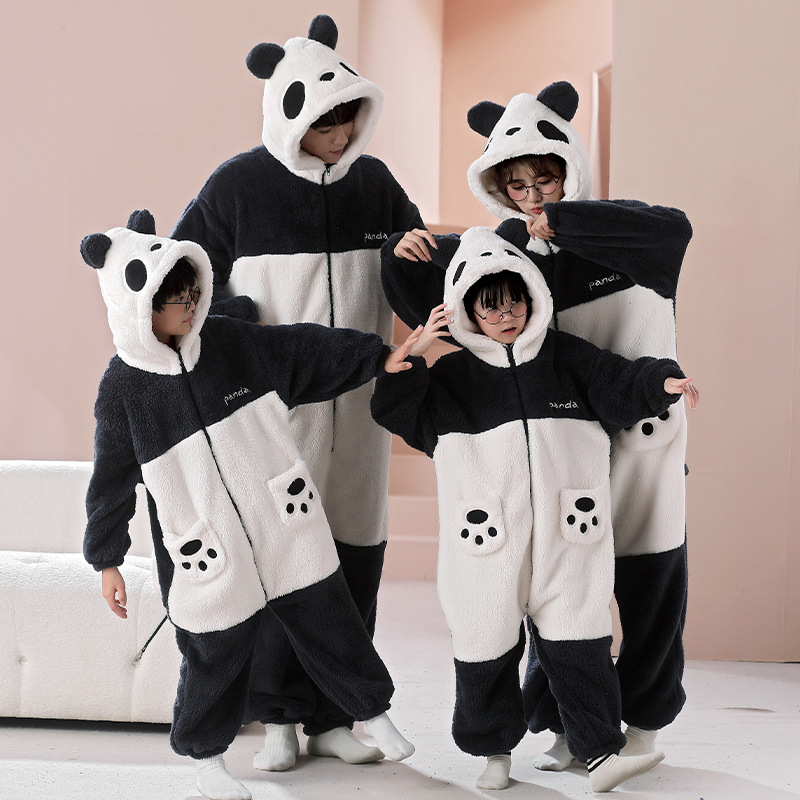 Padres e Hijos de Una pieza de la familia de tres bocas de cuatro boca pijamas de invierno cálido coral polar de dibujos animados Panda franela homewear