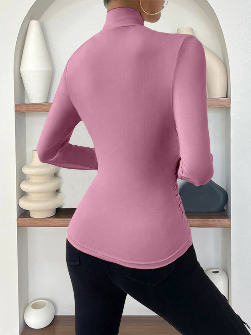 Elegant Women's Cross-Neck Slim-Fit T-Shirt Tuck Detail Versatile Autumn Winter Wardrobe Staple Fashion Top for Ladies_ecoleips.com